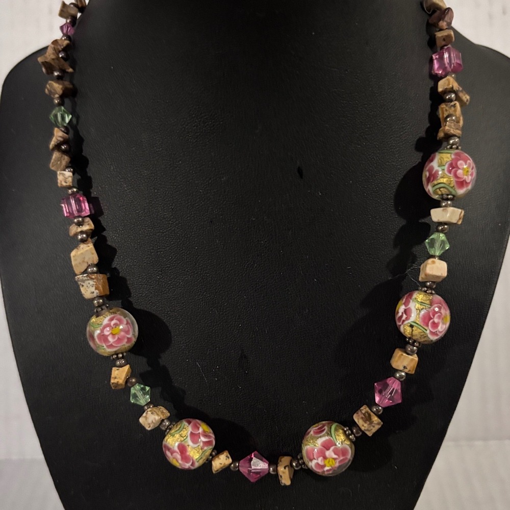 Vintage Necklace Hand painted large bead faceted crystals & jasper chunks?